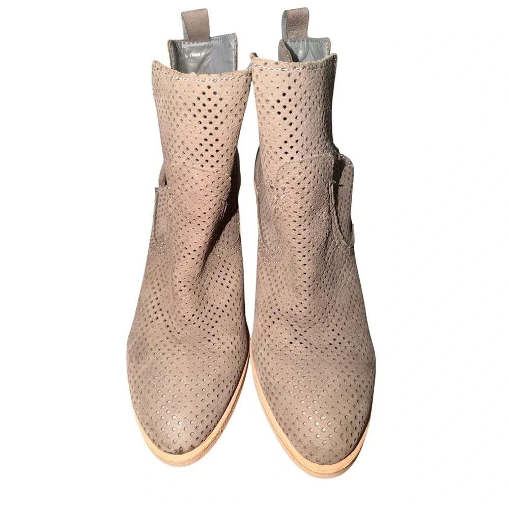 Dolce Vita‎ Taupe Perforated Leather Ankle Boots Pointed Toe Block Heel Booties